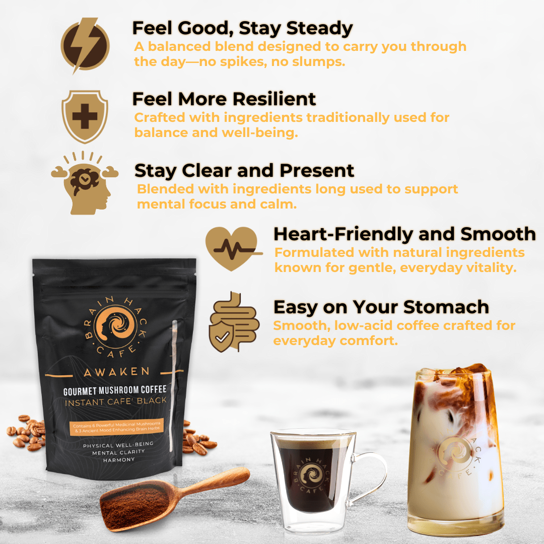 Brain Hack Café™ Awaken Black – Unsweetened Mushroom Coffee with Adaptogens | Instant Black Coffee - Brain Hack Cafe