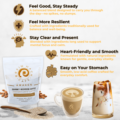 Brain Hack Café™ Awaken Latte – Mushroom Coffee with Adaptogens & Superfoods - Brain Hack Cafe