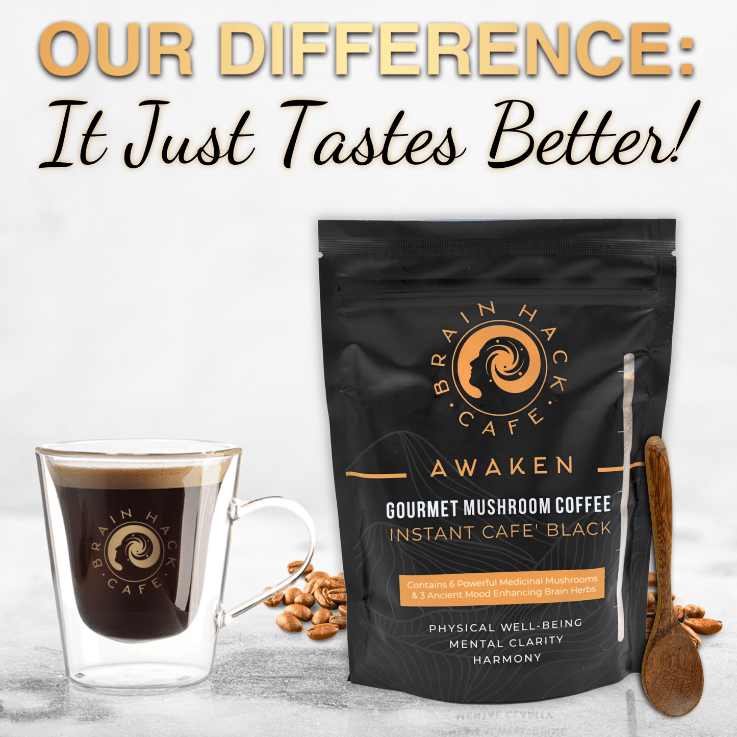 Brain Hack Café™ Awaken Black – Unsweetened Mushroom Coffee with Adaptogens – Instant Black Coffee with Superfoods - Brain Hack Cafe