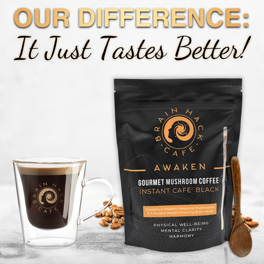 Brain Hack Café™ Awaken Black – Unsweetened Mushroom Coffee with Adaptogens – Instant Black Coffee with Superfoods - Brain Hack Cafe